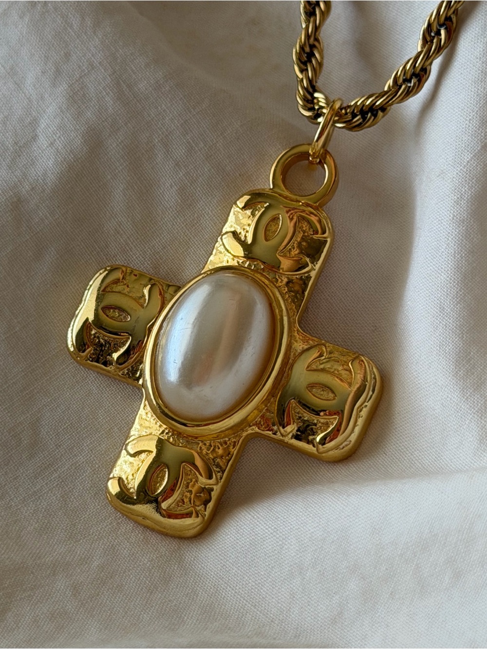 Gold Chanel Cross CC Pendant Necklace with Pearl Center - Picture 17 of 17